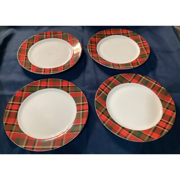 Pottery Barn China Carson Plaid Tartan Dinner Plates 10.5" Red Green Set of 4 - Picture 1 of 11